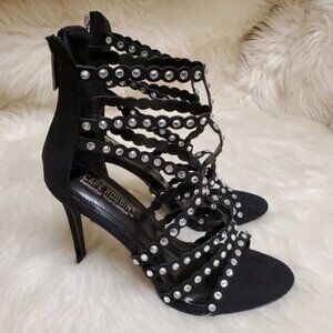 Cape Robbin Black Caged Rhinestone Suede Strappy Heels SZ 8.5M